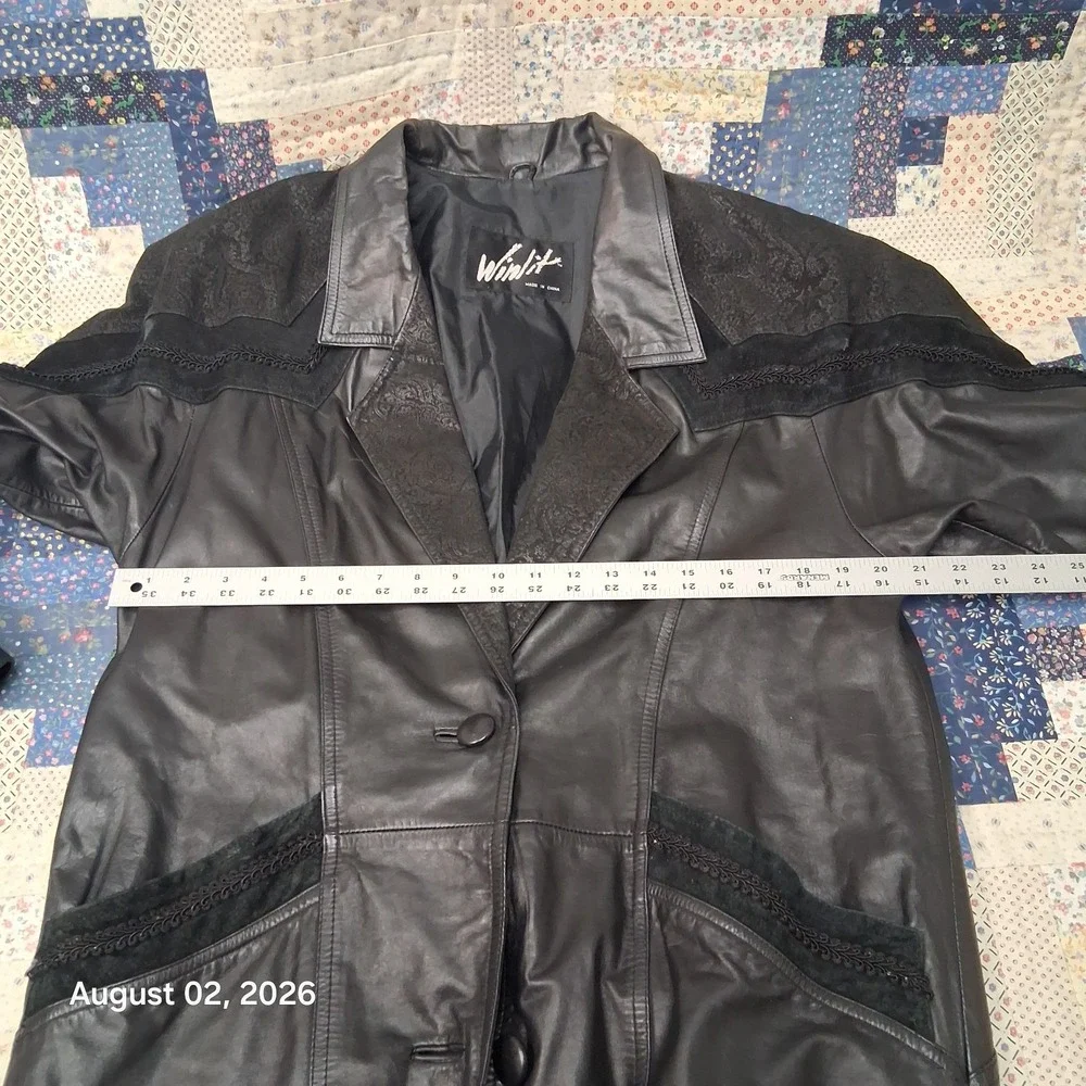 Vintage 90s Winlit Womens Leather Coat Size Medium Black Trench Duster Paisley